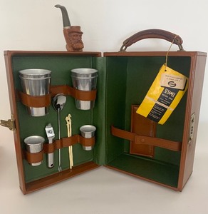 lot 213 image: VINTAGE Leather Portable Travel Bar with Carved Tobacco Pipe