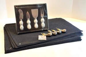 lot 159 image: 8 BRAND NEW Woven PLACEMATS, NIB GRANITE Cheese Knife Set, 4 NEW Napkin Rings