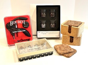 lot 160 image: NEW HOUDINI CORKSCREW, NIB RAG & BONE Shot Glass Sets, NEW Monogram Shot Glass Set, Pair of Cork Coaster Sets