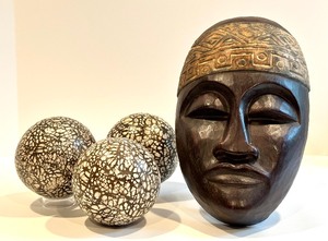 lot 158 image: CARVED WOODEN Timorese Warrior MASK and 3 DECORATIVE CERAMIC Spheres