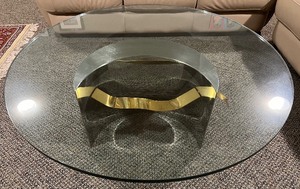 lot 312 image: Post Modern Brass Ribbon and Steel Base Glass Table