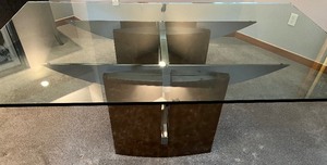 lot 5 image: Post Modern COPPER AND CHROME Dining Table with 34 Glass Top