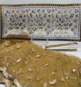 lot 84 image: Vintage GEORGES BRIARD Divided Glass Dish and Gold Sheer Overlay Table Runner