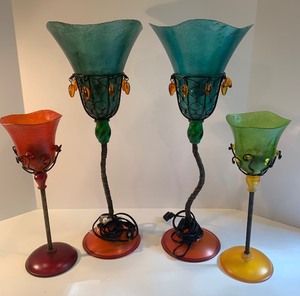 lot 150 image: SET of 2 Colorful Side Lamps with 2 Matching Votive Holders