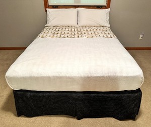 lot 177 image: QUEEN BED FRAME w Mattress Pad, Bedskirt and SEALY POSTUREPEDIC WESTOVER Plush Mattress