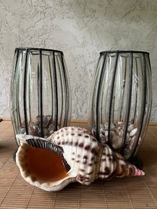 lot 67 image: Pair Caged Glass Hurricane Candle Holders with Seashells