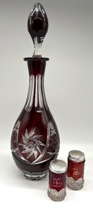 lot 90 image: Vintage BOHEMIAN Ruby Cut to Clear Decanter and Antique Ruby Crystal Salt & Pepper Shakers - 1912