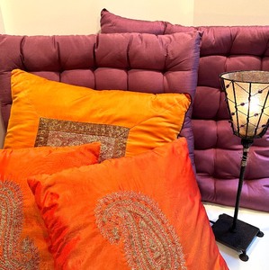 lot 188 image: ASSORTED SILK & BEADED Pillows and Lamp