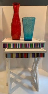 lot 334 image: SET of 2 Colorful Stack Tables with 2 Coordinating Colorful Vases