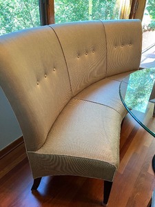 lot 10 image: Modernist Beveled Glass and Brushed Steel Dining Room Table with Curved Bench and 3 Chairs