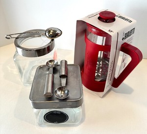 lot 538 image: NIB BIALETTI French Press, Pair of GLASS and STAINLESS Jars with Magnetic Scoops, Tea Strainer