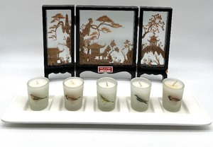 lot 552 image: Vintage Chinese Carved Cork Diorama and Bird Themed Candle Votives with Plate Holder
