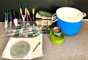 lot 228 image: Gobs of New and Used Garden Tools, Buckets and Sundial.