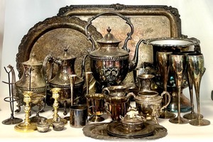 lot 244 image: MASSIVE SILVER PLATED LOT of Serving Items from Trays, Teapots, Glasses and More