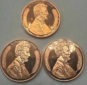 lot 44 image: Lot of 3 Copper 1oz .999 Investment Grade Rounds