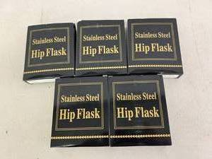 lot 104 image: 5 New Stainless Steel 6 oz Hip Flasks
