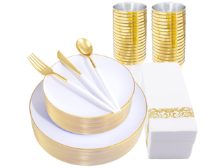 lot 331 image: Nervure 350PCS White Gold Plastic Plates - 50 Guest Gold Disposable Plates with Gold Plastic Silverware with White Handle