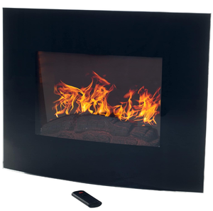lot 50 image: Wall Mounted Electric Fireplace - Curved Glass Heater with Log Fuel Effect