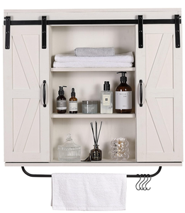 lot 141 image: RUSTOWN Rustic Wood Wall Storage Cabinet with Two Sliding Barn Door, 3-Tier Decorative Farmhouse Vintage Cabinet