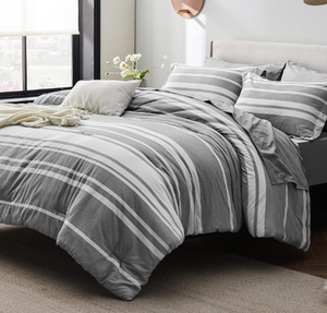 lot 459 image: Bedsure Queen Comforter Set 7 Pieces, Grey White Striped Comforter for Queen Size Bed