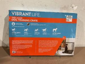 lot 72 image: Vibrant Life Double Door Metal Wire Dog Crate, Leak-Proof Pan and Divider for Dogs Upto 90 lb