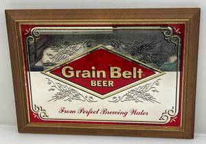 lot 46 image: Vintage Grainb Belt Beer Advertisement Foiled Design & Mirror Framed  14 14 x 19 34