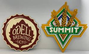 lot 47 image: Misc. Vintage Tin Metal Beer Signs 18 Odell Brewing Company & 20 x 23 Summit Brewing Company