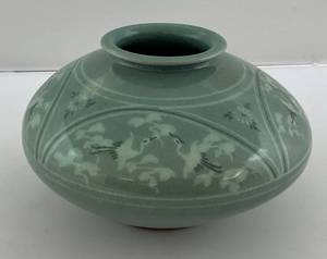 lot 78 image: Vintage Celadon Vase Asian Signed (Has Crazing Present In Clear Coat) 6 12 W x 4 T