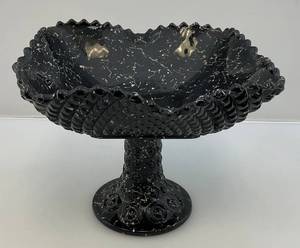 lot 96 image: Vintage Mid Century L. E. Smith  Black Confetti Ware Pedestal Fruit Bowl Diamond Point 7 T x 9 14 W