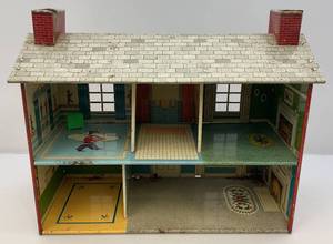 lot 111 image: Vintage 1950s Tin Litho Dollhouse Red Brick Colonial 19 12 L x 15 34 T x 9 12 W