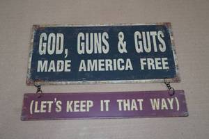 lot 53 image: Metal Sign God, Guns & Guts