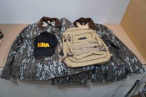 lot 60 image: 2 Camo Jackets with NRA Bag and Hat