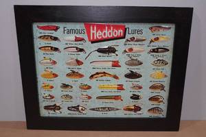 lot 82 image: Vintage Heddon Lures Raised Tin Framed Sign