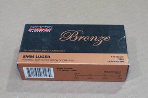 lot 141 image: 50 PMC Bronze 9mm Luger 115 Gr FMJ Ammo