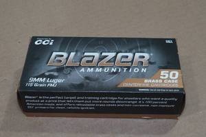 lot 142 image: 50 CCI Blazer Brass 9mm Luger 115 Gr FMJ Ammo