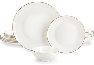 lot 46 image: 12-Piece Bone China Scratch Resistant Dinner Set -White with Gold Rim