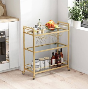 lot 138 image: Glass Gold Bar Cart with Wine Rack on Wheels