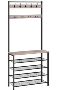 lot 143 image: HOOBRO Coat Rack and Bench with Shoe Storage -Greige and Black