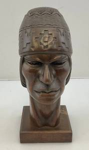 lot 30 image: Vintage Signed Victor Gutierrez Hand Carved Wood Inca Warrior Bust 8 12H  x 5 L x 3 12 W