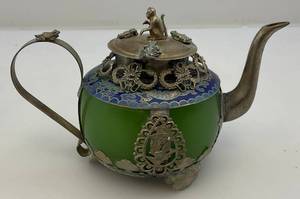 lot 34 image: Chinese Tibetan Silver & green jade Ornate Teapot With Dragons, Frog & Monkey 5 12 L x 3 12 H x 3 12 W