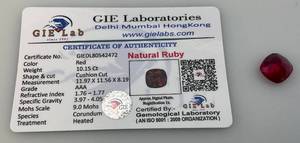 lot 106 image: GIE Labs Natural Ruby 10.15 CT With COA Card (LAB CREATED)