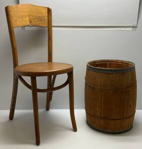 lot 160 image: Vintage Small Wooden Barrel & Great Northern Chair Co. 1918 Wood Chair
