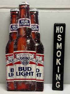 lot 176 image: Vintage Metal NO SMOKING SIGN 4 x 23 14  & Bud Light Tin Sign