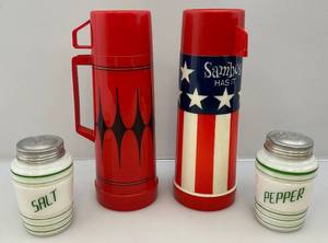 lot 180 image: Vintage Milk Glass Salt & Pepper Shakers & Vintage Aladdin Thermoses