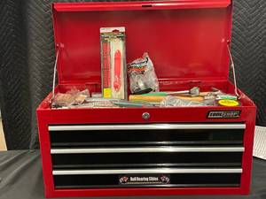 lot 2 image: Tool Shop Red 3-Drawer Tool Chest with Assorted Tools