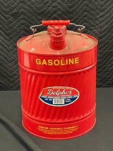 lot 17 image: Delphos 5 Gallon Red Gasoline Can