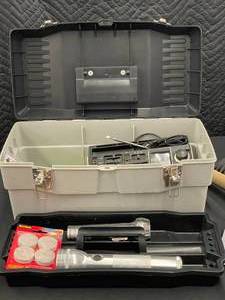 lot 26 image: Toolbox Lot with Flashlights, Calculators, Radio, and Tools