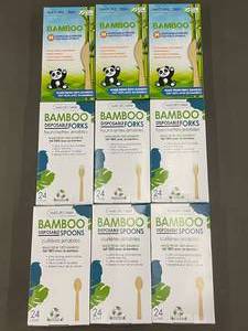 lot 81 image: Lot of NatureZway Bamboo Disposable Cutlery - Knives, Forks, Spoons (9 Packs)