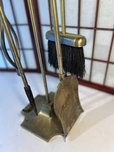 Rare Vintage Fireplace Tools Set & Antique Brass Metal Holder