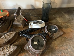 Irons, cake plate, mirror , and more